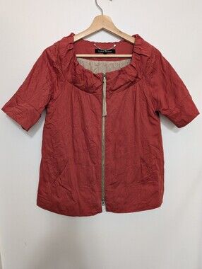 Lida Baday Cotton Medium Zip Up Casual Jacket Short Sleeve Silk Shirt Orange
